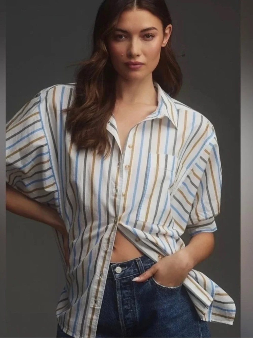 PILCRO Anthropologie Painter Buttondown Shirt Blue Tan Stripes Size XS